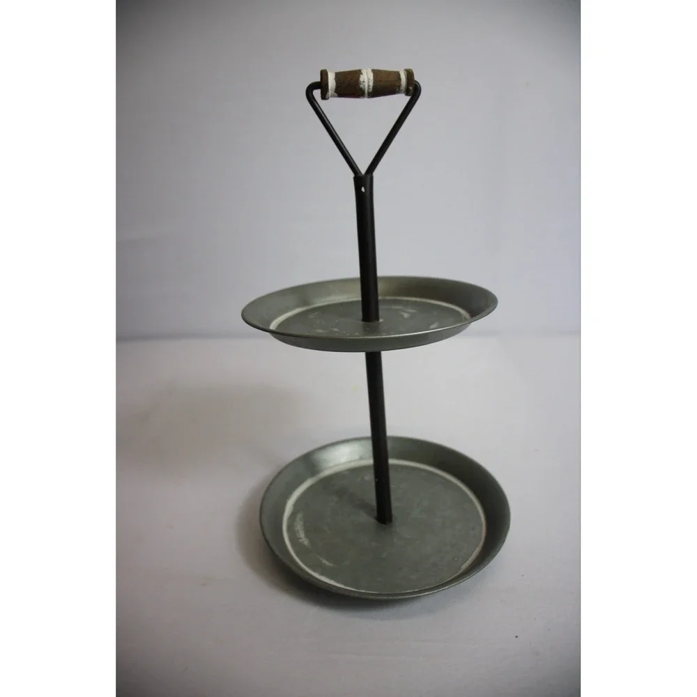 Small Two Tiered Metal Display Stand with Wooden Handle for Home Decor Tabletop